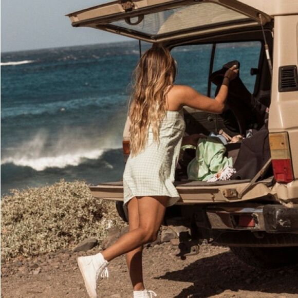 Nwt Live to be spoiled green -white checkered pattern  mini slip dress sz XS + S - Picture 7 of 7